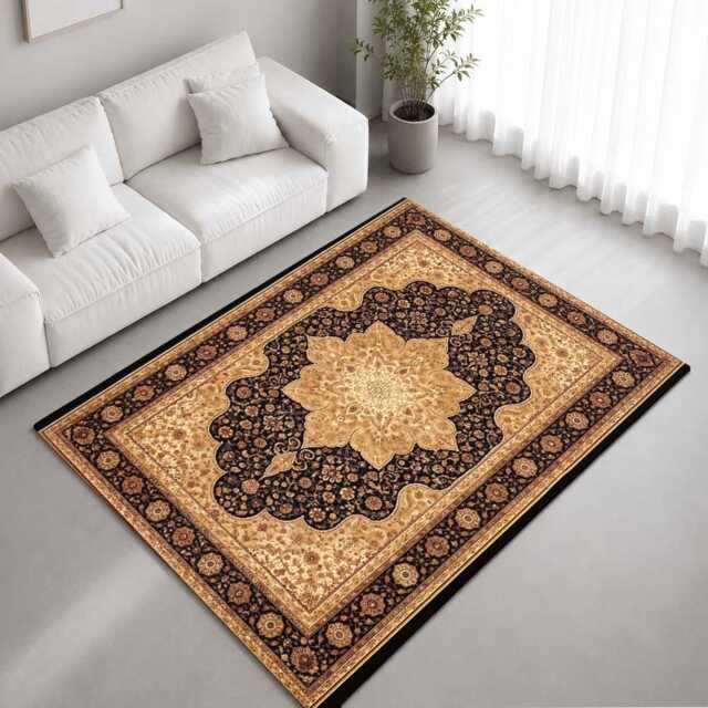 Black Gold Traditional Floral Medallion Rug Non-Slip Soft Area Carpet Bedroom Living Room Hallway Mat Decor - Made in UK - image 1