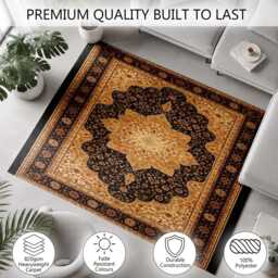 Black Gold Traditional Floral Medallion Rug Non-Slip Soft Area Carpet Bedroom Living Room Hallway Mat Decor - Made in UK - thumbnail 3
