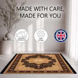 Black Gold Traditional Floral Medallion Rug Non-Slip Soft Area Carpet Bedroom Living Room Hallway Mat Decor - Made in UK - thumbnail 2
