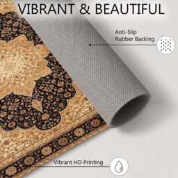 Black Gold Traditional Floral Medallion Rug Non-Slip Soft Area Carpet Bedroom Living Room Hallway Mat Decor - Made in UK - thumbnail 4