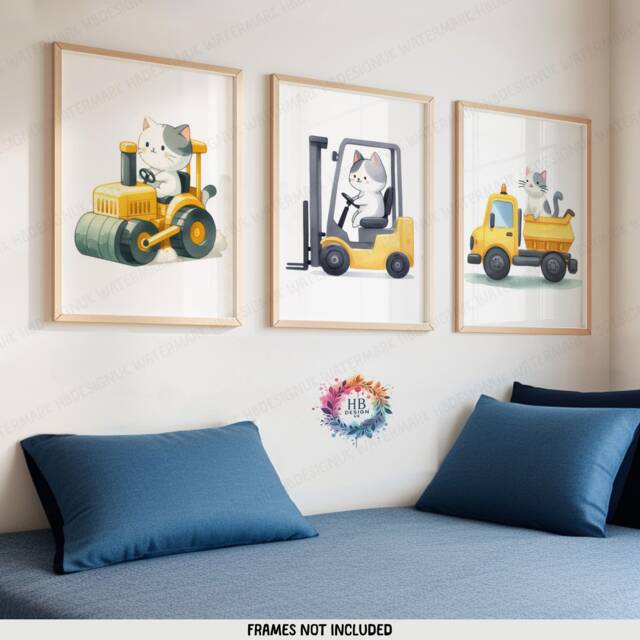 Cat Construction Posters - Set Of 3 Kids Prints - Digger Wall Art Truck Poster Bedroom Vehicle Nursery Transport Decor - image 1