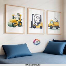Cat Construction Posters - Set Of 3 Kids Prints - Digger Wall Art Truck Poster Bedroom Vehicle Nursery Transport Decor - thumbnail 1