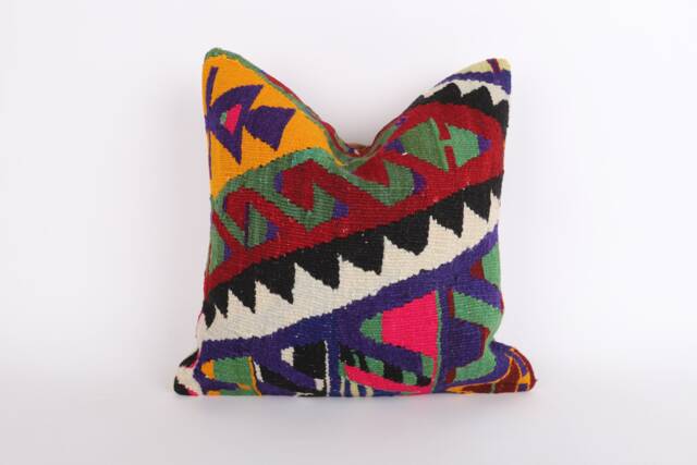 Vintage Turkish Kilim Pillow Cover Handwoven Wool Throw - 16''x16'' - image 1