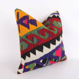 Vintage Turkish Kilim Pillow Cover Handwoven Wool Throw - 16''x16'' - thumbnail 3