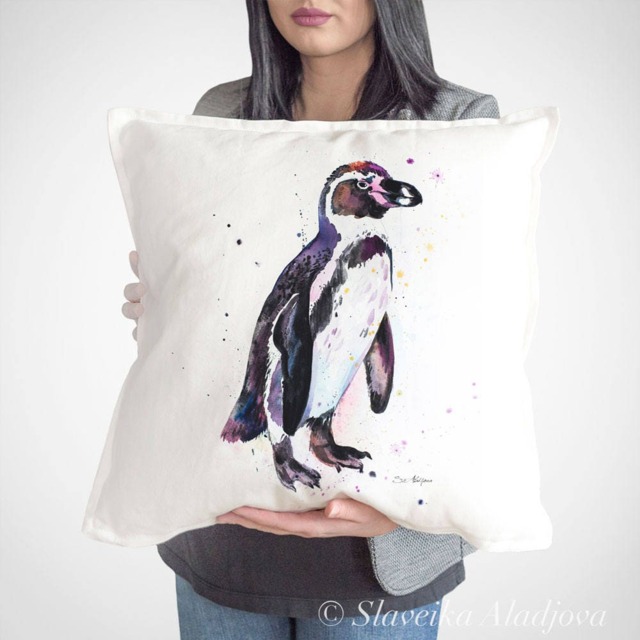 Humboldt Penguin Throw Pillow Cover By Slaveika Aladjova, Cushion Cover, Decorative Pillow Cover, Animal Art, Watercolor Pillow, Christmas - image 1