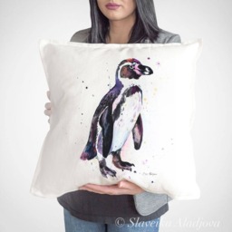 Humboldt Penguin Throw Pillow Cover By Slaveika Aladjova, Cushion Cover, Decorative Pillow Cover, Animal Art, Watercolor Pillow, Christmas - thumbnail 1