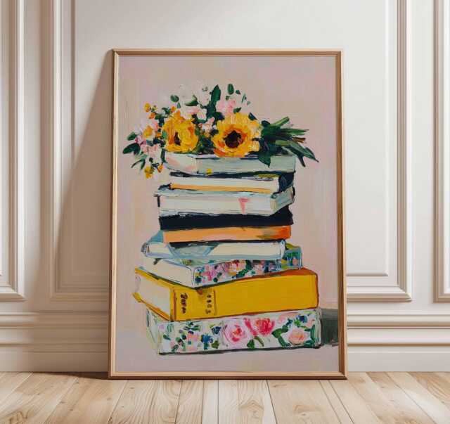 Book Lover Wall Art - Modern Still Life Poster Stack Of Books With Flowers Print Cozy Literary Artwork Reading Home Decor - image 1