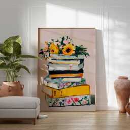 Book Lover Wall Art - Modern Still Life Poster Stack Of Books With Flowers Print Cozy Literary Artwork Reading Home Decor - thumbnail 2