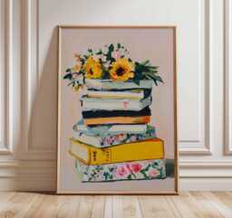 Book Lover Wall Art - Modern Still Life Poster Stack Of Books With Flowers Print Cozy Literary Artwork Reading Home Decor - thumbnail 1