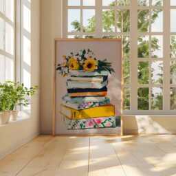 Book Lover Wall Art - Modern Still Life Poster Stack Of Books With Flowers Print Cozy Literary Artwork Reading Home Decor - thumbnail 3