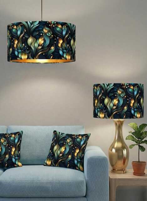 Handmade By Order Peacock Teal Blue Digital Flower Leaves Plant Pattern On Velvet Drum Table & Ceiling Lamp Shade All Sizes Shapes Lining - image 1