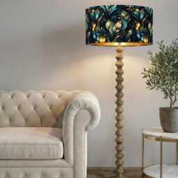 Handmade By Order Peacock Teal Blue Digital Flower Leaves Plant Pattern On Velvet Drum Table & Ceiling Lamp Shade All Sizes Shapes Lining - thumbnail 2
