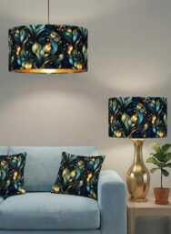 Handmade By Order Peacock Teal Blue Digital Flower Leaves Plant Pattern On Velvet Drum Table & Ceiling Lamp Shade All Sizes Shapes Lining