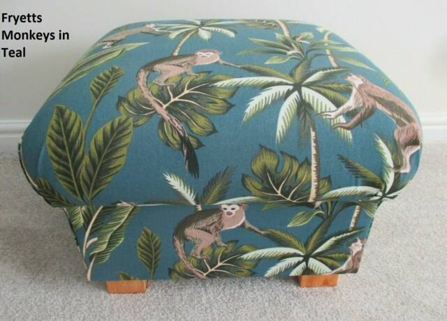 Fryetts Monkeys Fabric Storage Footstool Teal Jungle Animal Pouffe Grey Ochre Ottoman - image 1