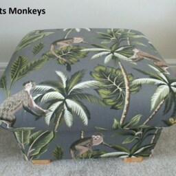 Fryetts Monkeys Fabric Storage Footstool Teal Jungle Animal Pouffe Grey Ochre Ottoman - thumbnail 2