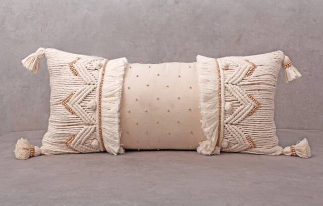 Off-White Cotton Macrame Bohemian, Bali Style Pillow Cover, Decorative Handmade Throw Cover, Embroidered Cover Wlcc039 - image 1