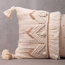 Off-White Cotton Macrame Bohemian, Bali Style Pillow Cover, Decorative Handmade Throw Cover, Embroidered Cover Wlcc039 - thumbnail 2