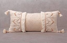 Off White Macrame Lumbar Pillow Cover, Handmade Cotton Cushion With Wooden Beads