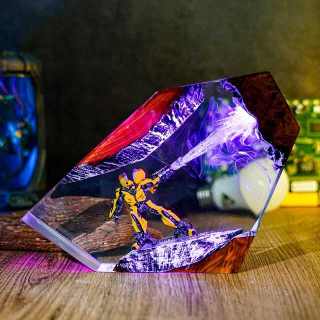 Bumblebee Inspired Resin Lamp - Handmade Led Robot Diorama - Transformer Sci-Fi Mecha Night Light Geek Gamer Gift Collectible - image 1
