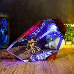 Bumblebee Inspired Resin Lamp - Handmade Led Robot Diorama - Transformer Sci-Fi Mecha Night Light Geek Gamer Gift Collectible - thumbnail 3