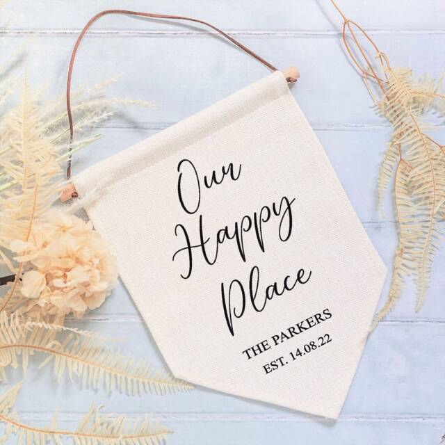 Personalised Home Decor Flag - Custom Our Happy Place Linen Pennant Wall Art Sign Housewarming Gift For Couple Friends Son Daughter - image 1