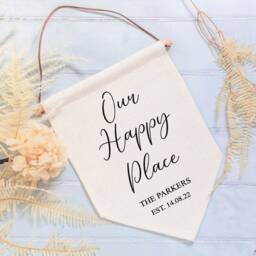 Personalised Home Decor Flag - Custom Our Happy Place Linen Pennant Wall Art Sign Housewarming Gift For Couple Friends Son Daughter - thumbnail 1