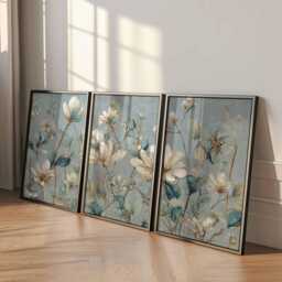 Blue Floral Wall Art Prints Set Of 3, Modern Botanical Posters, Elegant Flower Artwork For Living Room, Bedroom Or Neutral Home Decor - thumbnail 2