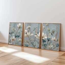 Blue Floral Wall Art Prints Set Of 3, Modern Botanical Posters, Elegant Flower Artwork For Living Room, Bedroom Or Neutral Home Decor - thumbnail 1