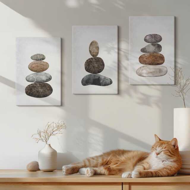 Canvas Art Set Of 3 - Stacks Stones Minimalist Boho Painting, Gray Large Wall Art, Artwork Decor - image 1