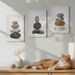 Canvas Art Set Of 3 - Stacks Stones Minimalist Boho Painting, Gray Large Wall Art, Artwork Decor