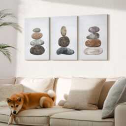 Canvas Art Set Of 3 - Stacks Stones Minimalist Boho Painting, Gray Large Wall Art, Artwork Decor - thumbnail 2