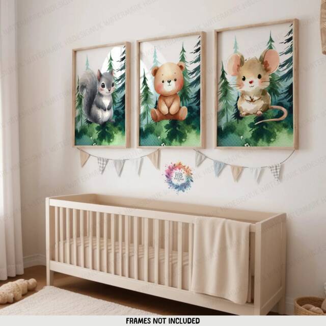 Woodland Nursery Posters - Set Of 3 Animal Prints - Bear, Mouse, Squirrel Forest Bedroom Decor Outdoor Playroom Wall Art Boy Girl Gift - image 1