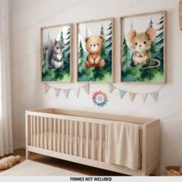 Woodland Nursery Posters - Set Of 3 Animal Prints - Bear, Mouse, Squirrel Forest Bedroom Decor Outdoor Playroom Wall Art Boy Girl Gift - thumbnail 1