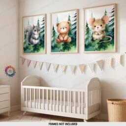 Woodland Nursery Posters - Set Of 3 Animal Prints - Bear, Mouse, Squirrel Forest Bedroom Decor Outdoor Playroom Wall Art Boy Girl Gift - thumbnail 2