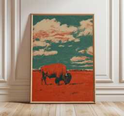 Vintage Bison Wall Art, Retro Western Poster, Desert Landscape Print, Rustic Wildlife Decor - thumbnail 1