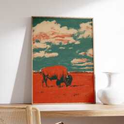 Vintage Bison Wall Art, Retro Western Poster, Desert Landscape Print, Rustic Wildlife Decor - thumbnail 2