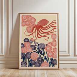 Surreal Octopus Art Print, Japanese Woodblock Style, Floral Marine Wall Decor, Whimsical & Chrysanthemum Poster - thumbnail 1