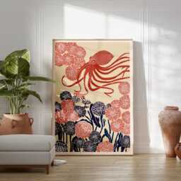 Surreal Octopus Art Print, Japanese Woodblock Style, Floral Marine Wall Decor, Whimsical & Chrysanthemum Poster - thumbnail 3