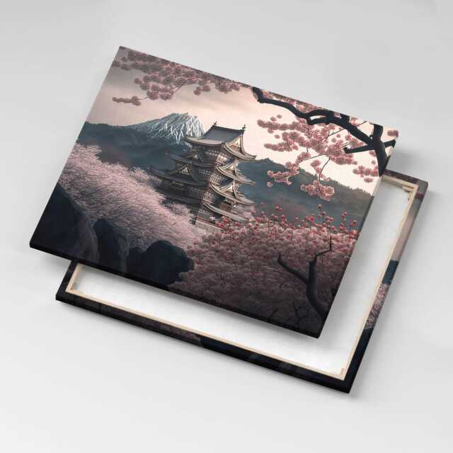 Asian Tower & Cherry Blossoms Canvas, Picture Wall Hanging, Pink Art, Landscape Canvas Painting - image 1