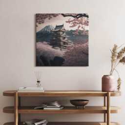 Asian Tower & Cherry Blossoms Canvas, Picture Wall Hanging, Pink Art, Landscape Canvas Painting - thumbnail 3