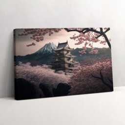 Asian Tower & Cherry Blossoms Canvas, Picture Wall Hanging, Pink Art, Landscape Canvas Painting - thumbnail 2