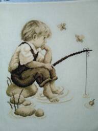 Little Fishing Boy Is A Beautiful Finished Cross Stitch, Wall Hanging, Picture, Unframed