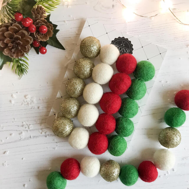 Christmas Felt Ball Garland, Red Gold Green, Handmade Wool Decor - image 1