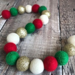 Christmas Felt Ball Garland, Red Gold Green, Handmade Wool Decor - thumbnail 2