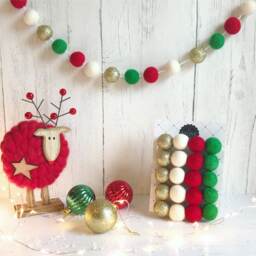 Christmas Felt Ball Garland, Red Gold Green, Handmade Wool Decor - thumbnail 3