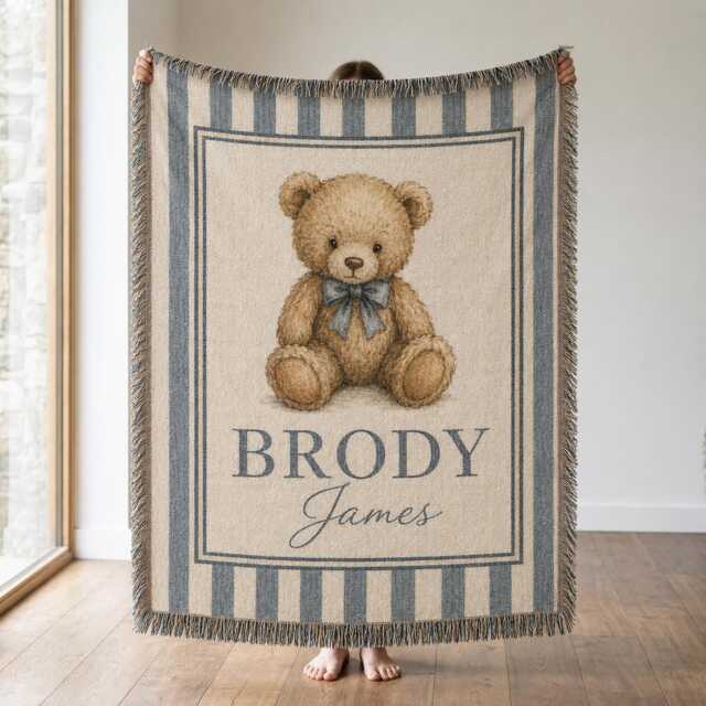 Personalized Teddy Bear Baby Woven Blanket, Custom Name Cute Nursery Boy Shower Gift - image 1
