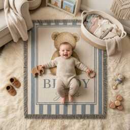 Personalized Teddy Bear Baby Woven Blanket, Custom Name Cute Nursery Boy Shower Gift - thumbnail 3
