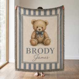 Personalized Teddy Bear Baby Woven Blanket, Custom Name Cute Nursery Boy Shower Gift - thumbnail 1