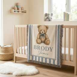 Personalized Teddy Bear Baby Woven Blanket, Custom Name Cute Nursery Boy Shower Gift - thumbnail 2