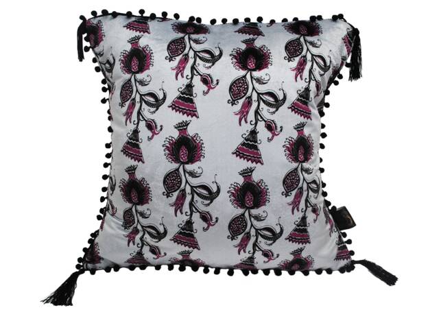 Black, Grey, Velvet, Highland Thistle, Scottish Flower Contemporary, Luxury Cushion, Thistle, Floral, Pom-Poms - image 1
